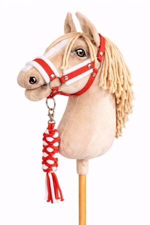 Set pentru Hobby Horse: halter A3 cu blană albă + Cablu din cablu - alb-roșu