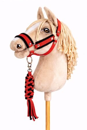 Set pentru Hobby Horse: halter A3 cu blană neagră + Cablu din cablu - negru-roșu