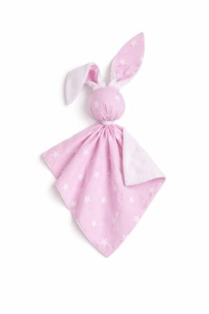 DOUDOU Cuddly bunny bumbac cu două fețe și minky - Stele roz - alb