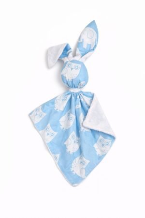 DOUDOU Cuddly bunny bumbac cu două fețe și minky - Bufnițe albastre - alb