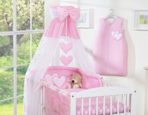 Set de lenjerie de pat de 5 piese 135x100 cu baldachin - Hanging Hearts roz