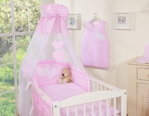 Set de lenjerie de pat de 5 bucăți 120x90 cu baldachin - Hanging Hearts cu puncte albe pe roz