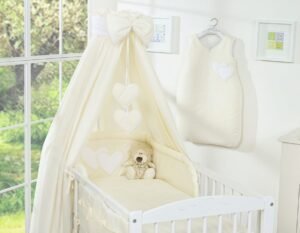 Set de lenjerie de pat de 5 bucăți 120x90 cu baldachin - cremă Hanging Hearts
