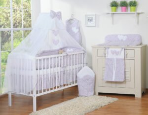 Set de așternut de 5 bucăți cu plasă de țânțari - Inimioare atârnate flori roz