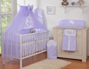Set de așternut de 5 bucăți cu plasă de țânțari - Hanging Hearts liliac