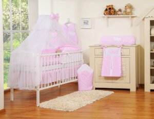 Set de lenjerie de pat de 5 piese cu plasă de țânțari - Inimioare atârnate cu puncte albe pe roz