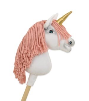 Hobby Horse Unicorn pe băț - alb cu coamă roz pastel și corn auriu A4