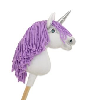 Unicorn Hobby Horse pe un băț - alb cu coamă de lila și corn argintiu A4