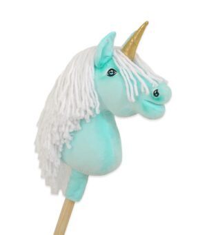 Hobby Horse Unicorn pe un băț - mentă cu coamă albă și corn auriu A4