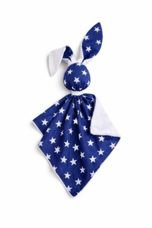 DOUDOU Cuddly bunny bumbac și minky cu două fețe - Stele bleumarin - alb