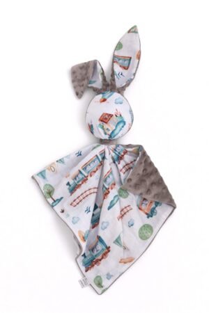 DOUDOU Cuddly bunny bumbac cu două fețe și minky - Trenă turcoaz - gri