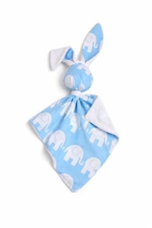 DOUDOU Cuddly bunny bumbac cu două fețe și minky - Elefanți albaștri - alb