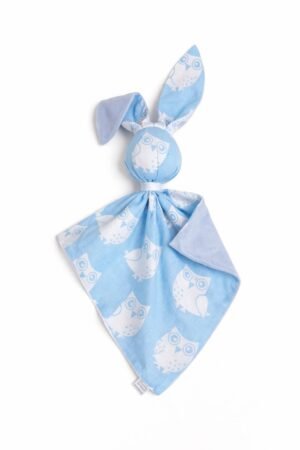 DOUDOU Cuddly bunny bumbac și minky cu două fețe - Bufnițe albastre - albastre