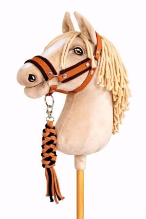 Set pentru Hobby Horse: halter A3 cu blană neagră + Cablu din sfoară - negru-roșcat
