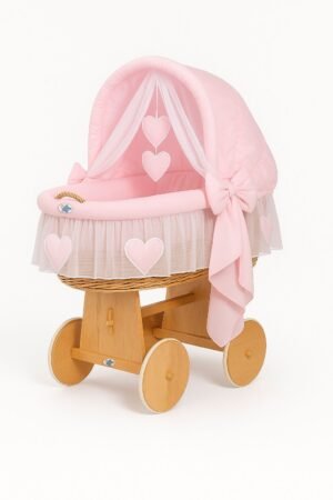 Pătuț cu glugă Moses Basket Wicker Amelie - natural + așternut roz