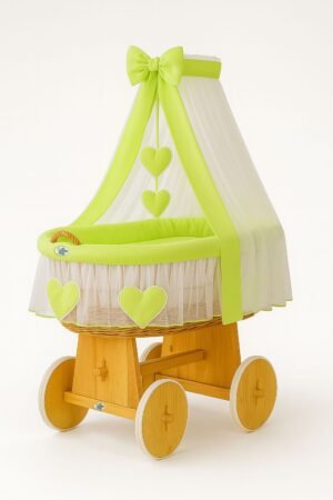 Coș Moses din nuiele cu baldachin Amelie – natural + așternut verde