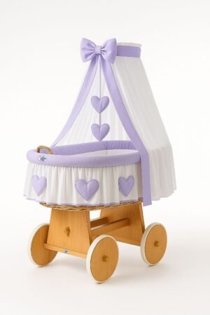 Coș Moses din nuiele cu baldachin Amelie – natural + așternut liliac