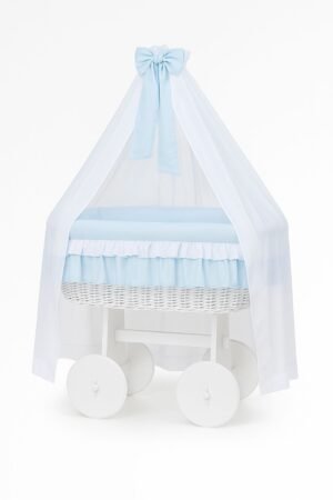 Coș Moses din nuiele cu baldachin Deluxe Bellamy – alb + albastru