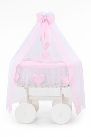 Coș Moses din nuiele cu baldachin Deluxe Amelie – alb + așternut roz