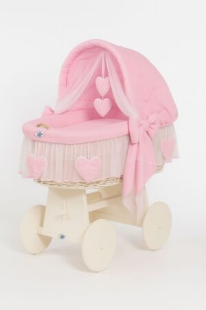 Pătuț cu glugă din lemn Moses Basket Amelie - alb + așternut roz
