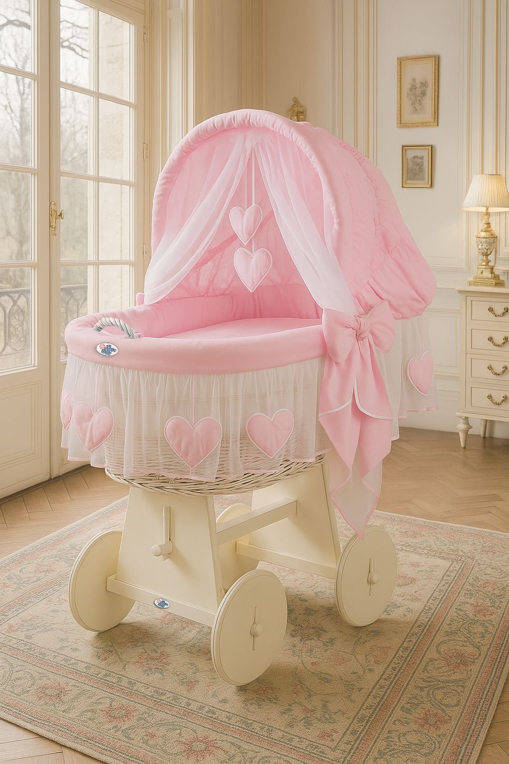 Pătuț cu glugă din lemn Moses Basket Amelie - alb + așternut roz - imagine 3