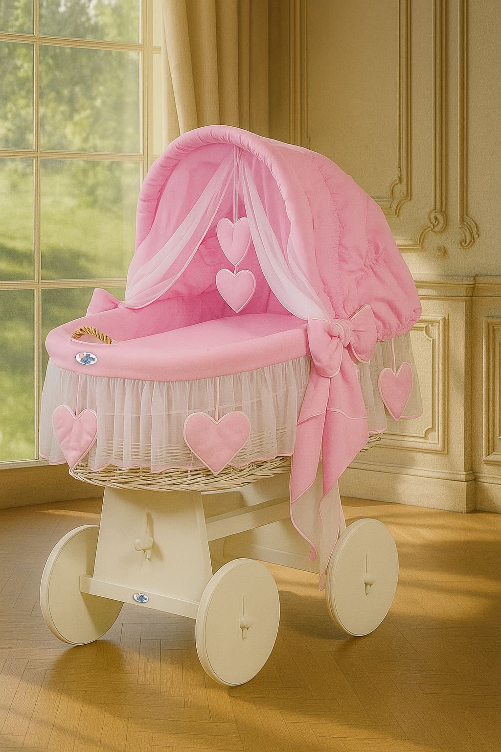 Pătuț cu glugă din lemn Moses Basket Amelie - alb + așternut roz - imagine 2