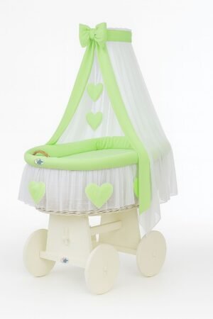 Coș Moses din nuiele cu baldachin Amelie – așternut alb + verde