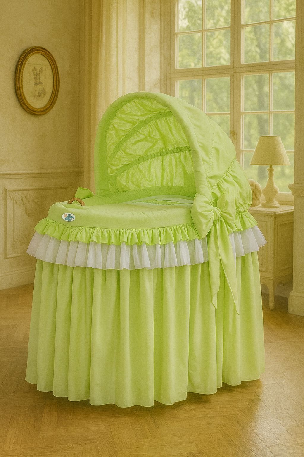 Coș Moses/pătuț cu glugă din nuiele - Little Princess verde - imagine 4