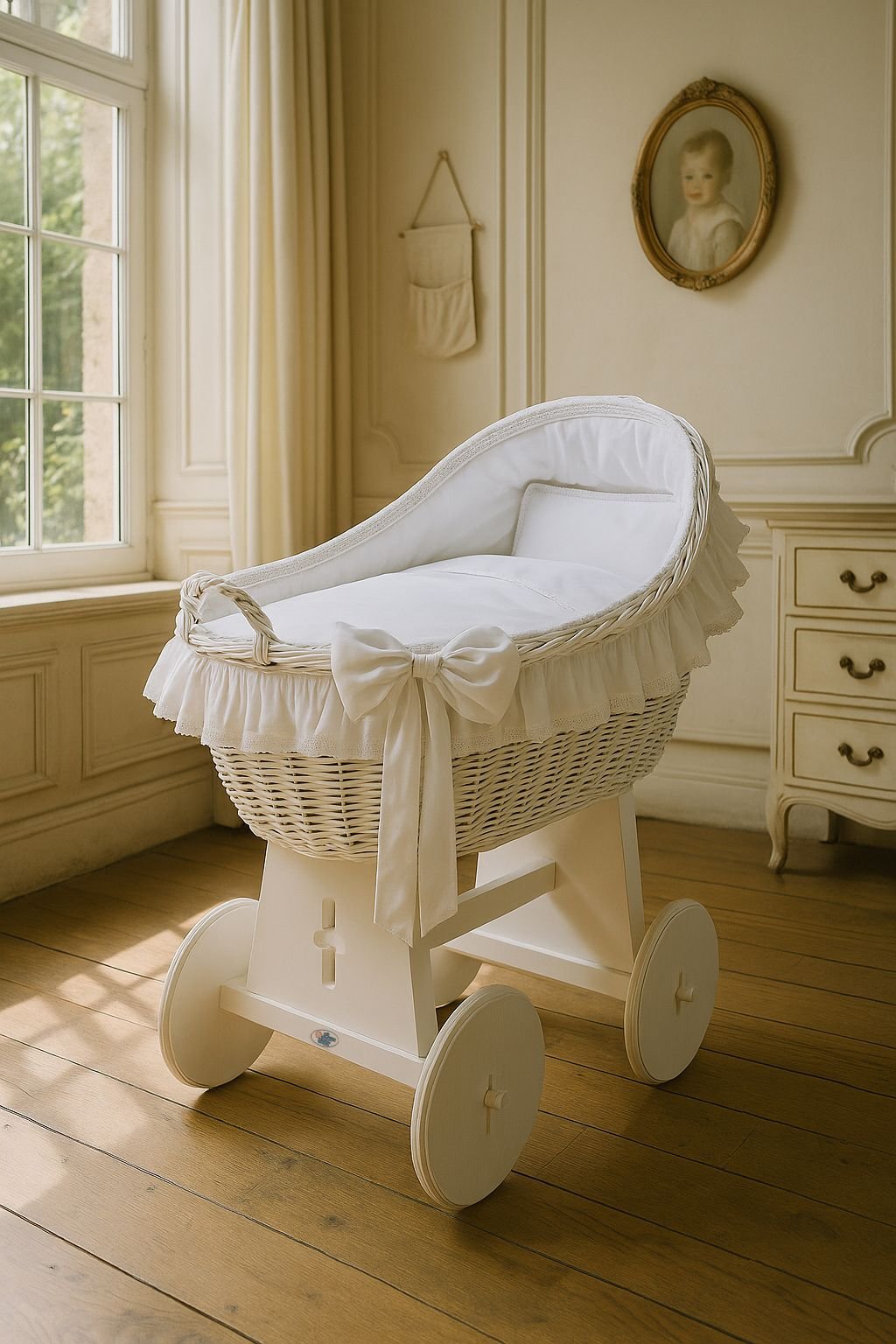 Pătuț cu glugă din nuiele Moses Basket Carina - alb + lenjerie albă - imagine 4