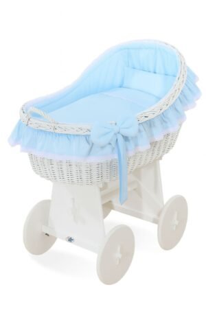 Pătuț cu glugă din lemn Moses Basket Carina - alb + albastru așternut