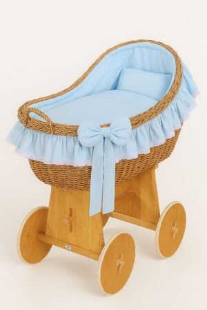 Pătuț cu glugă Moses Basket din nuiele Carina - natural + așternut albastru