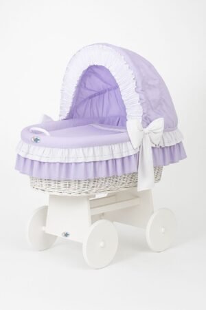 Pătuț cu glugă din nuiele Moses Basket Bellamy - alb + lenjerie de pat lila