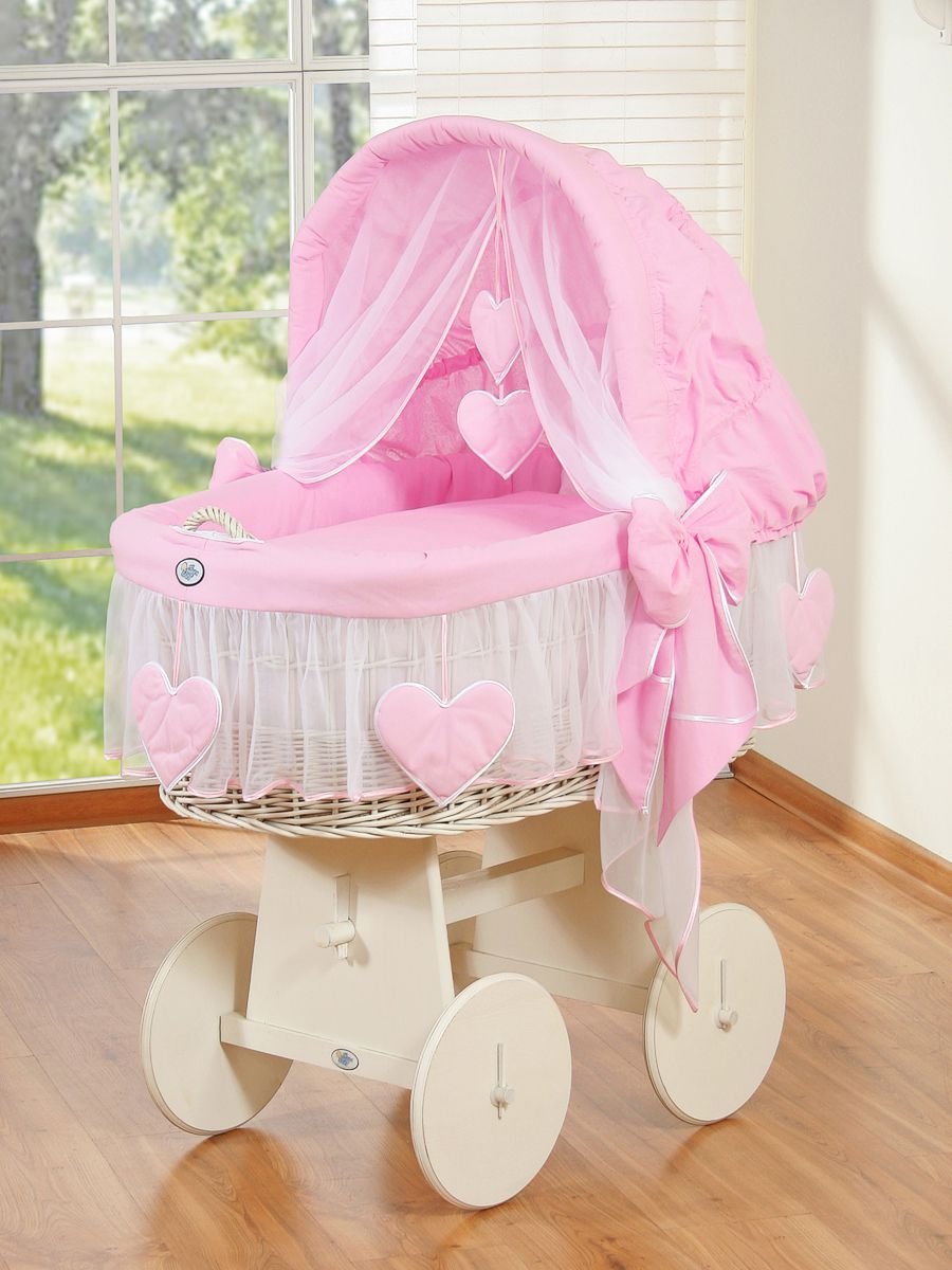 Pătuț cu glugă din lemn Moses Basket Amelie - alb + așternut roz - imagine 5