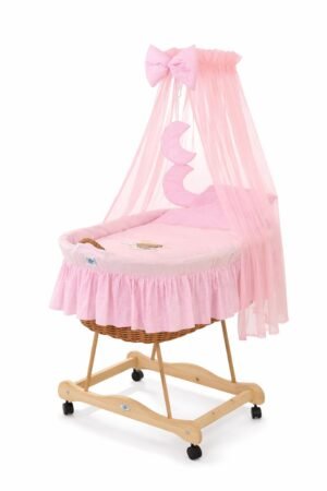 Coș Moses din nuiele cu baldachin Good night – natural + lenjerie roz