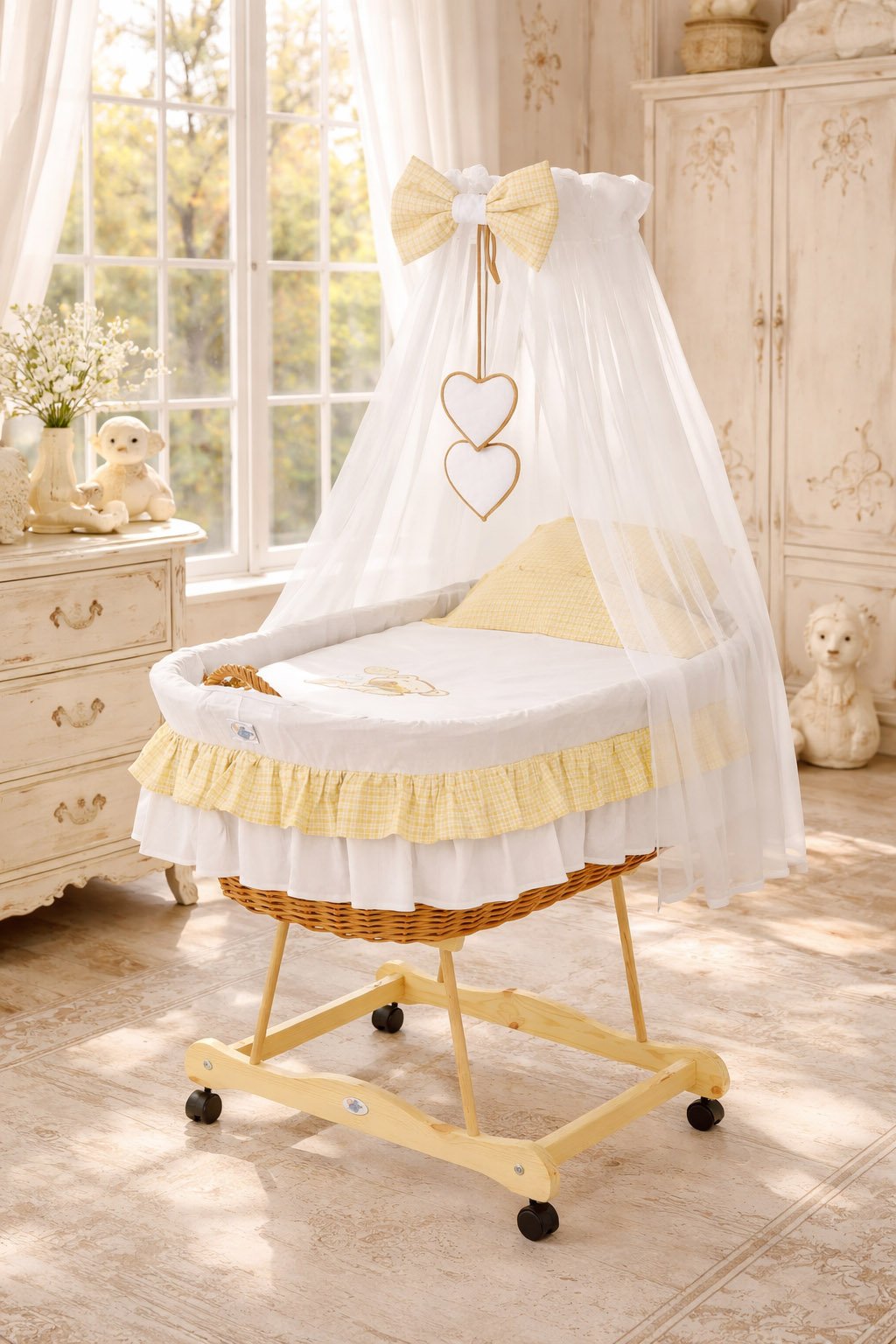 Moses Basket Pătuț din nuiele Urs cu fundiță - natural + așternut alb - imagine 2