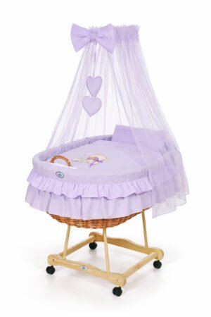 Moses Basket Pătuț cu drapaj din nuiele Urs cu fundiță - natural + așternut liliac