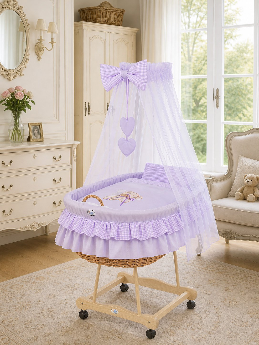 Moses Basket Pătuț cu drapaj din nuiele Urs cu fundiță - natural + așternut liliac - imagine 2