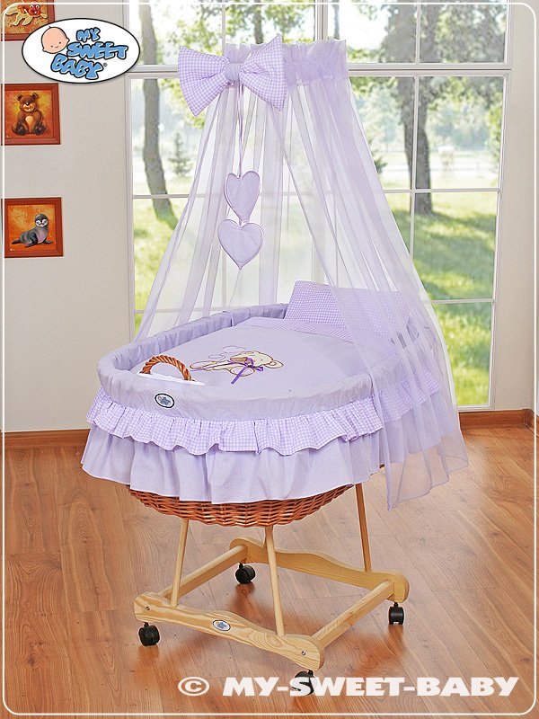 Moses Basket Pătuț cu drapaj din nuiele Urs cu fundiță - natural + așternut liliac - imagine 3