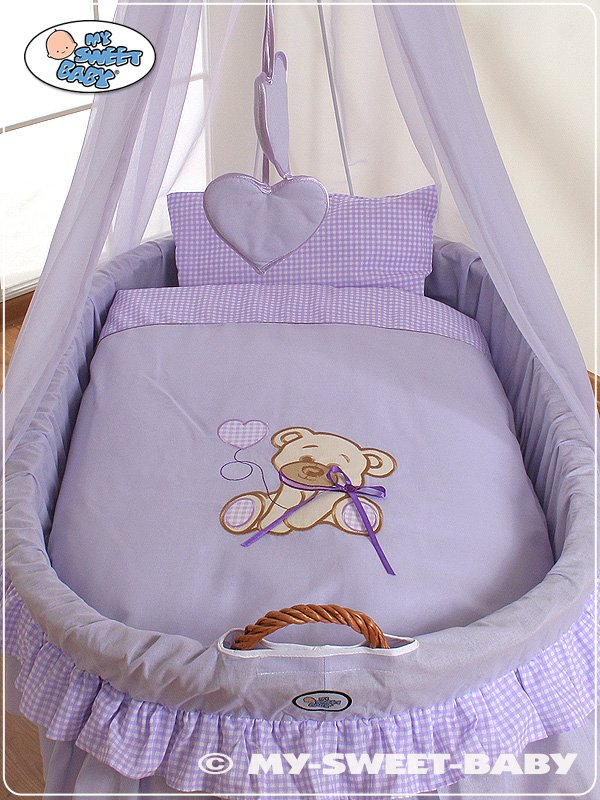 Moses Basket Pătuț cu drapaj din nuiele Urs cu fundiță - natural + așternut liliac - imagine 4