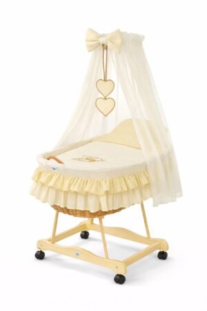 Moses Basket Pătuț cu drapaj din nuiele Urs cu fundiță - natural + așternut crem