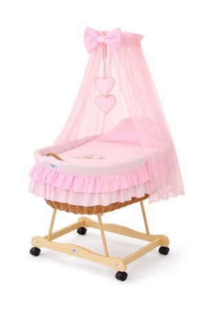 Moses Basket Pătuț din nuiele Urs cu fundiță - natural + așternut roz