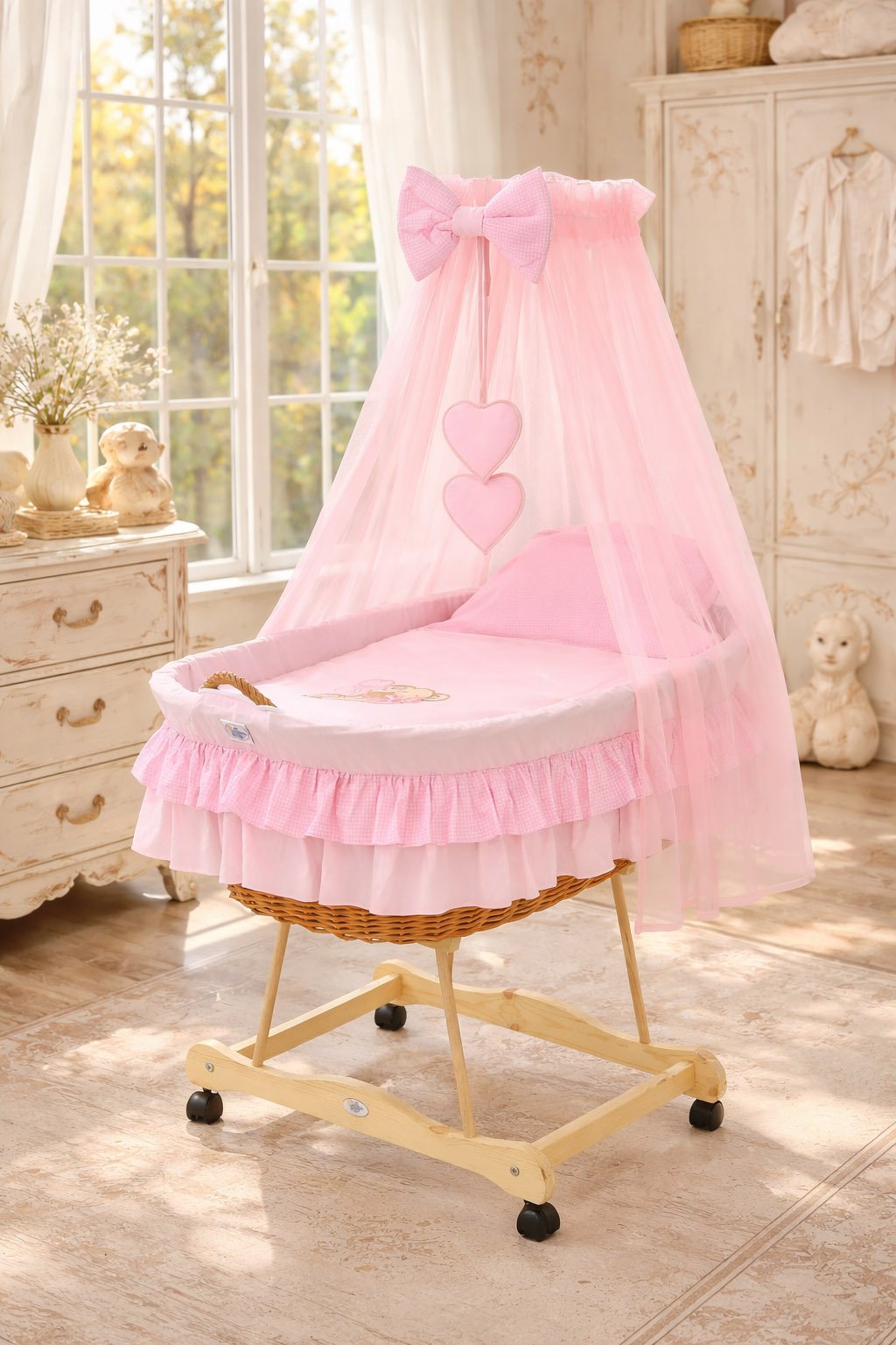 Moses Basket Pătuț din nuiele Urs cu fundiță - natural + așternut roz - imagine 2