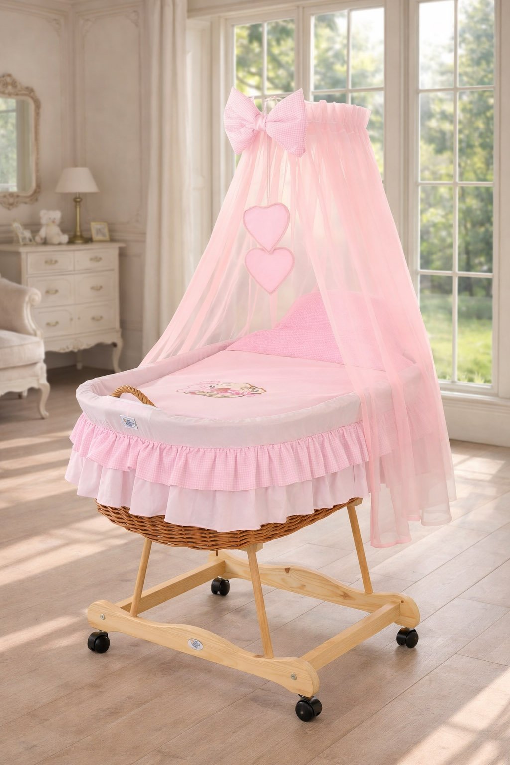 Moses Basket Pătuț din nuiele Urs cu fundiță - natural + așternut roz - imagine 4