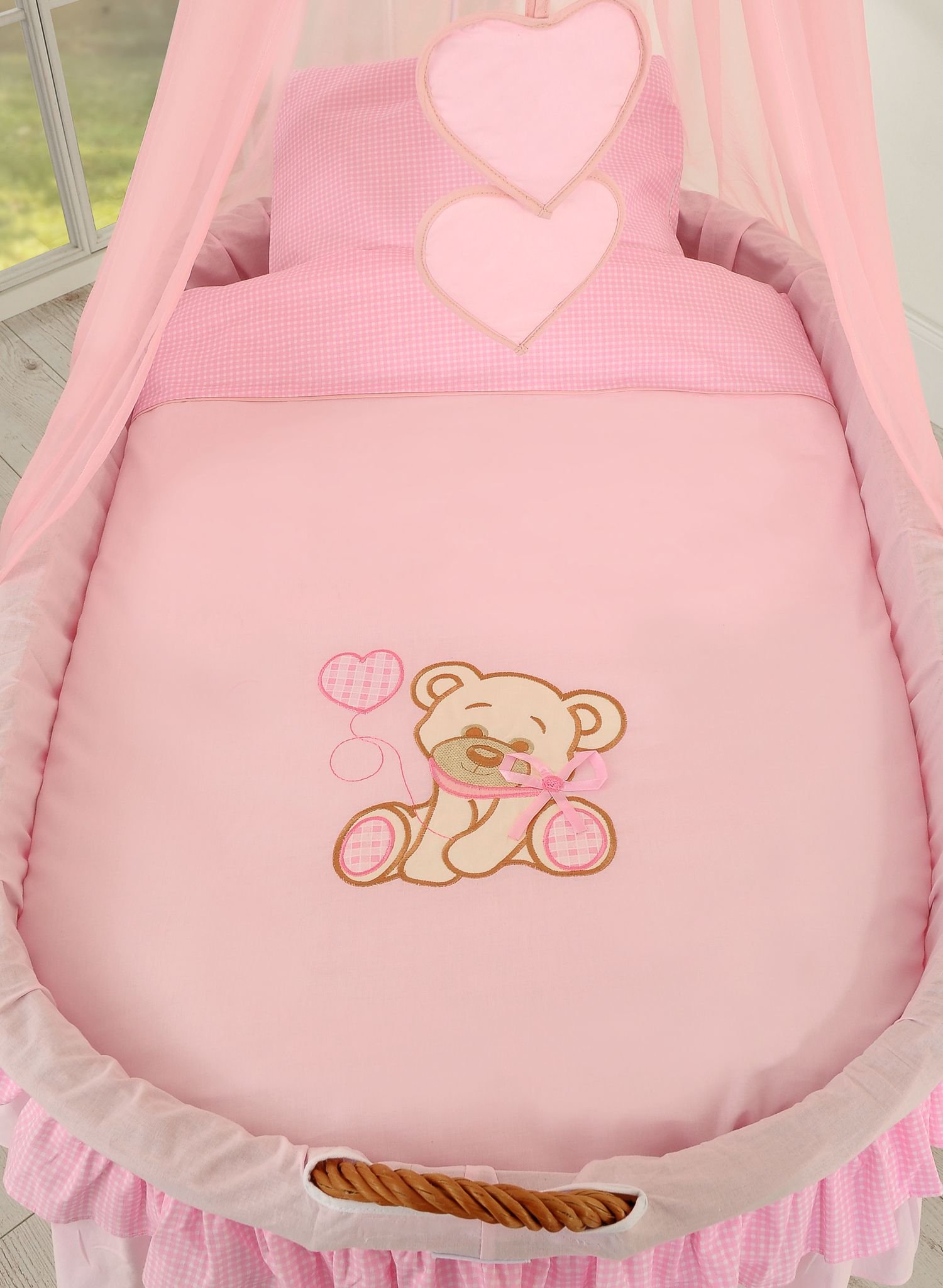 Moses Basket Pătuț din nuiele Urs cu fundiță - natural + așternut roz - imagine 3
