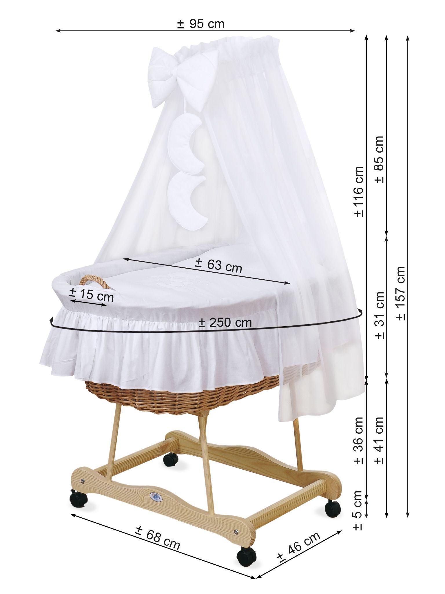 Moses Basket Pătuț cu drapaj din nuiele Urs cu fundiță - natural + așternut liliac - imagine 5