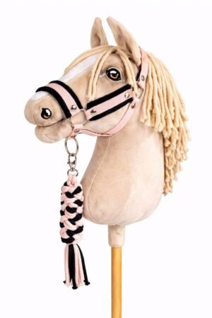 Set pentru Hobby Horse: halter A3 cu blană neagră + Cablu din cablu - negru-roz pudră