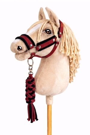Set pentru Hobby Horse: halter A3 cu blană neagră + Cablu din sfoară - negru-burgund