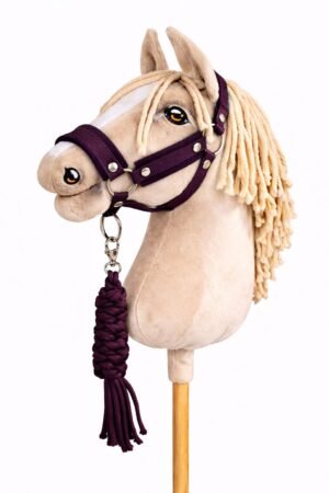 Set pentru Hobby Horse: halter A3 cu blană neagră + Cablu din sfoară - negru-prună