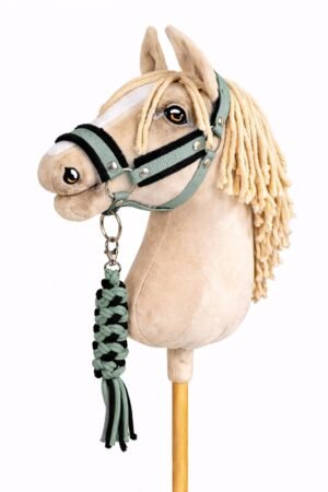 Set pentru Hobby Horse: halter A3 cu blană neagră + Cablu din sfoară - salvie neagră