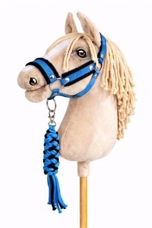 Set pentru Hobby Horse: halter A3 cu blană neagră + Cablu din sfoară - negru-turcoaz